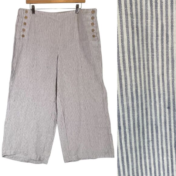 J Jill Love Linen Button Side Nautical Pants Crop Blue Stripe SIZE LARGE Womens - Picture 1 of 13